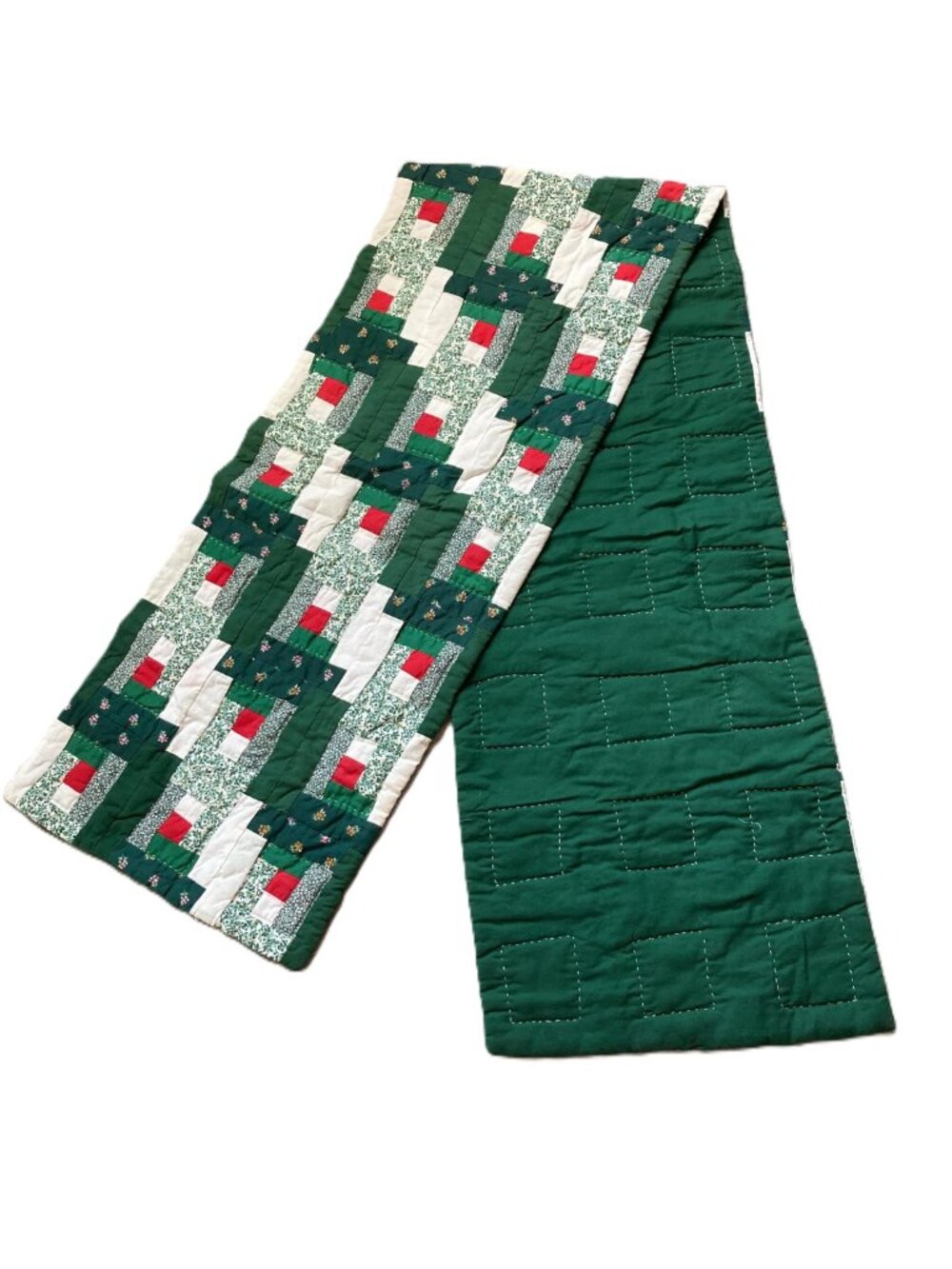 Quilted Table Runner Holiday Red Green Patch Quilt 75" x 14" Handcrafted